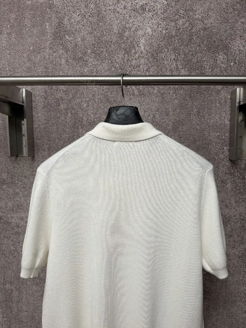View 7 of Off-White Cream Ribbed Knit Polo Sweater, Short Sleeve, Drop-Shoulder