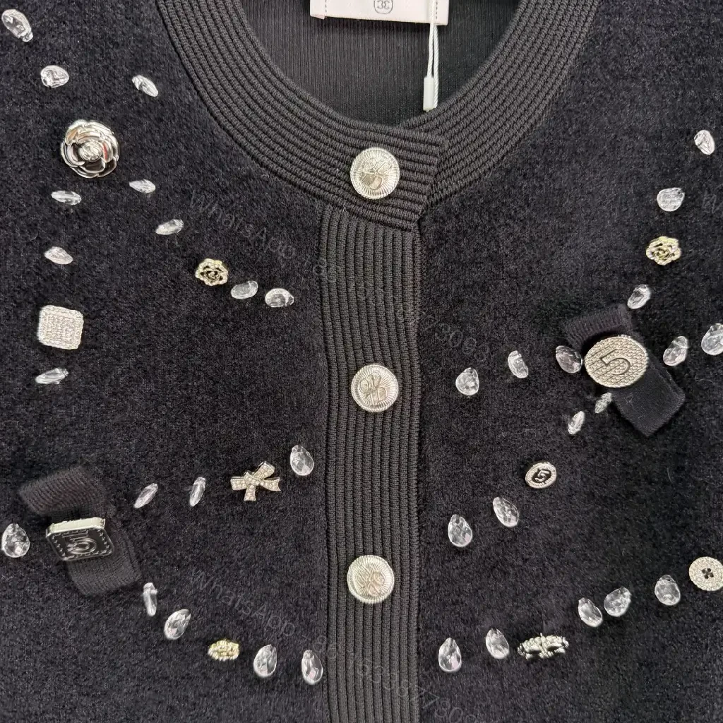 View 5 of Black Knit Cardigan with Crystal Embellishments - Luxe, Cropped, Buttoned