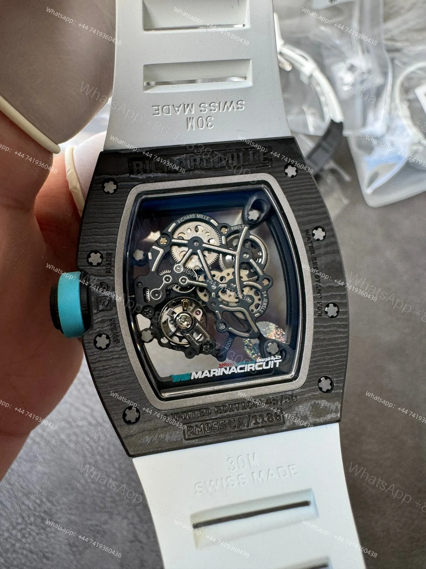 View 12 of Super Clone Richard Mille RM 055 Carbon TPT Blue Inner Bezel White Rubber Strap 1:1 Replica Watch