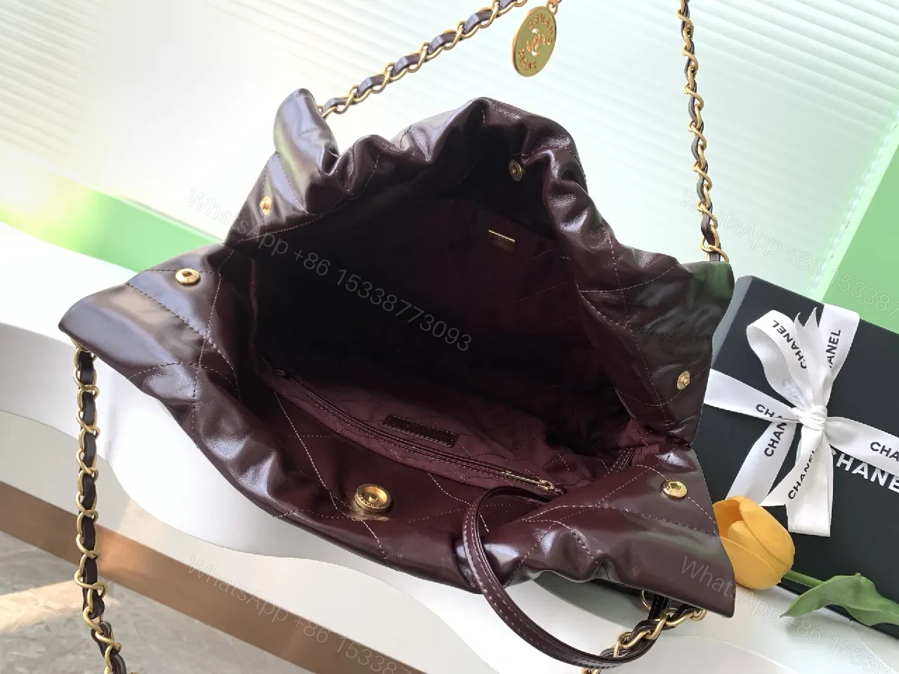 View 2 of Quilted Leather Tote with Gold Chain—Chic Lux Tote