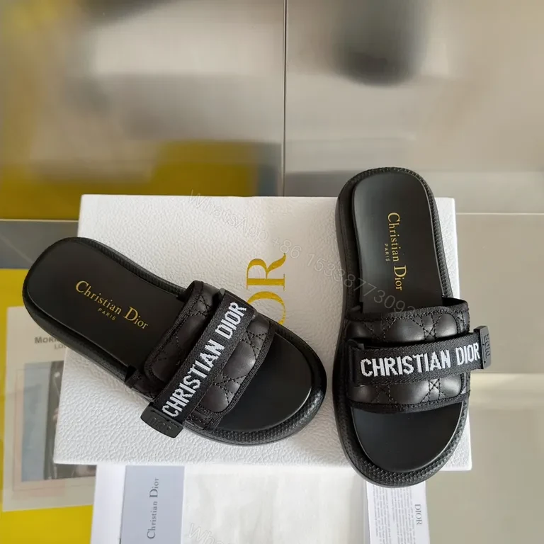 View 2 of Black Imitation Dior Slide - Quilted Straps, Comfortable Key Feature Slides