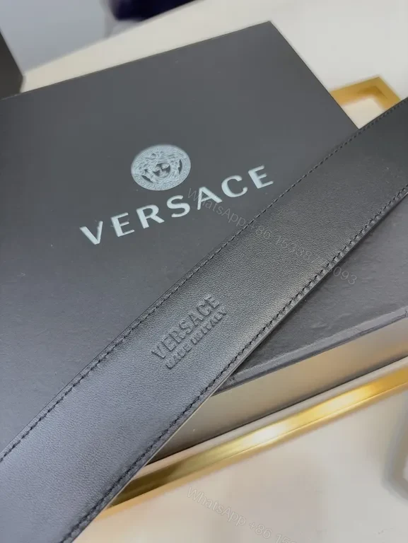 View 8 of Versace Black Leather Belt with Gold Medusa Buckle