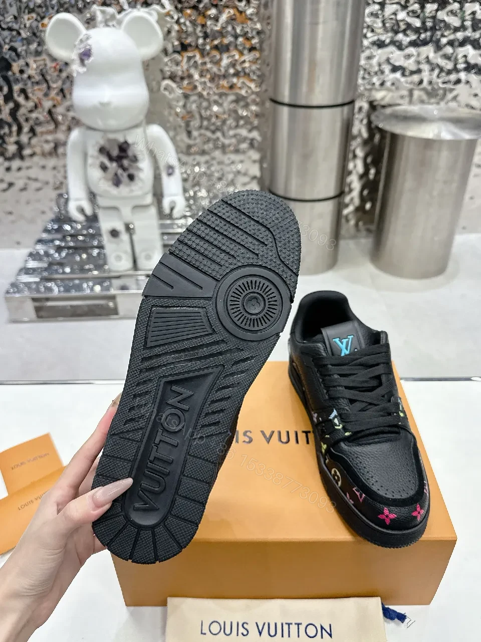 View 9 of Multicolor LV-Embellished Black Leather High-Tops Sneakers