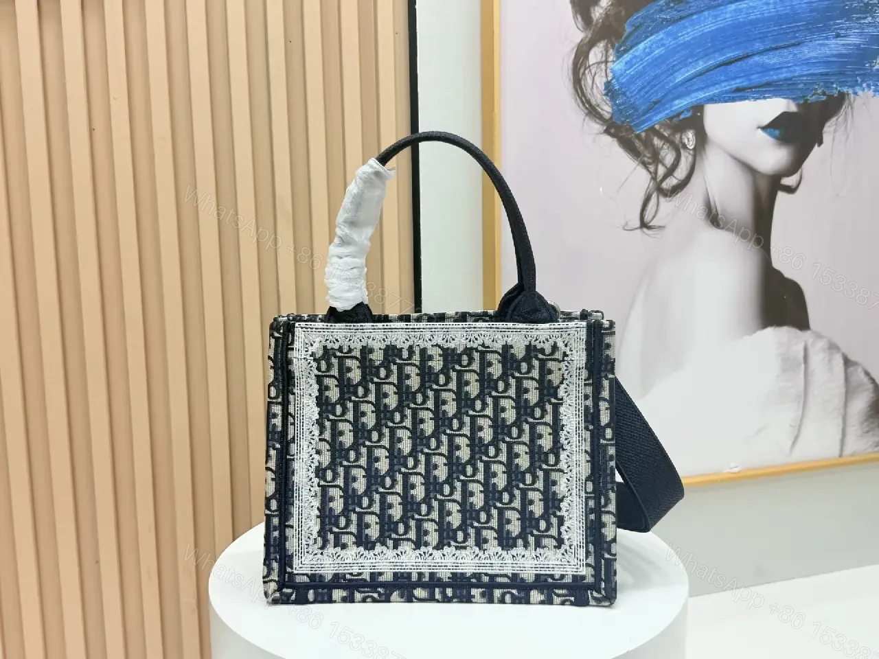 View 10 of Navy Monogram Textile Satchel: Structured Square Bag