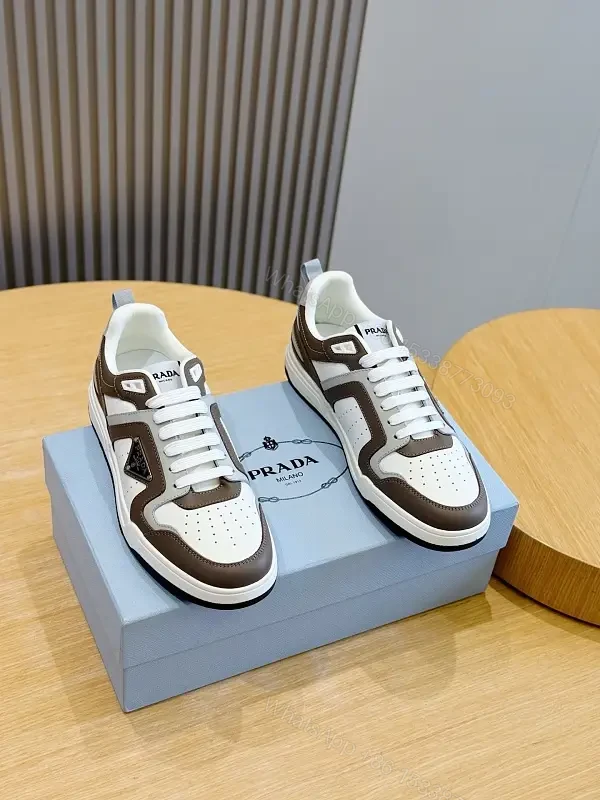 White Brown Leather Sneaker with 3D Prada Logo, Lightweight Casual Shoes — view 1