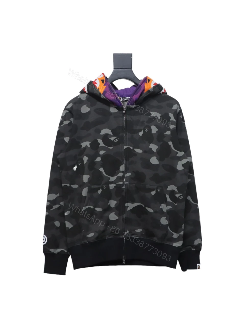 BAPE Shark Head Tiger Head Zipper Camo Double Hoodie Dark Gray — view 2