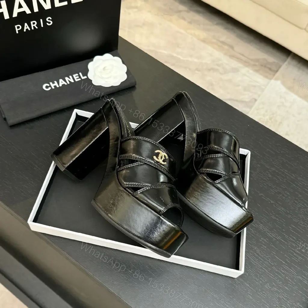 View 8 of Chic Platform Slides: Patent Leather, Gold Logo, Quilted