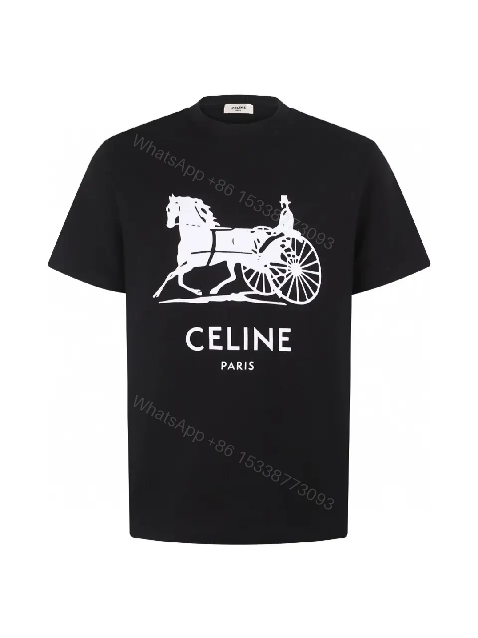 View 4 of Black Cotton Tee Crew Neck with White Horse Carriage Print CELINE PARIS T-shirt