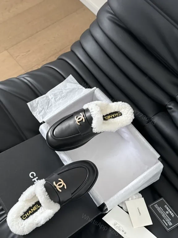 View 9 of Chanel-Inspired Black Leather Mules with Shearling Lining