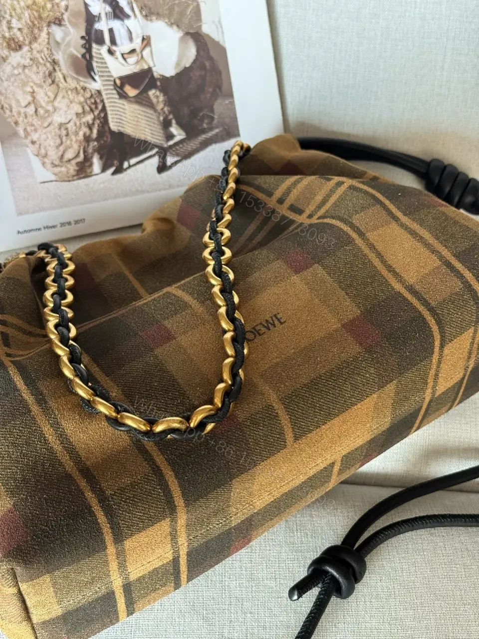 View 5 of Brown Plaid Leather-Trim Shoulder Bag with Chain Detail