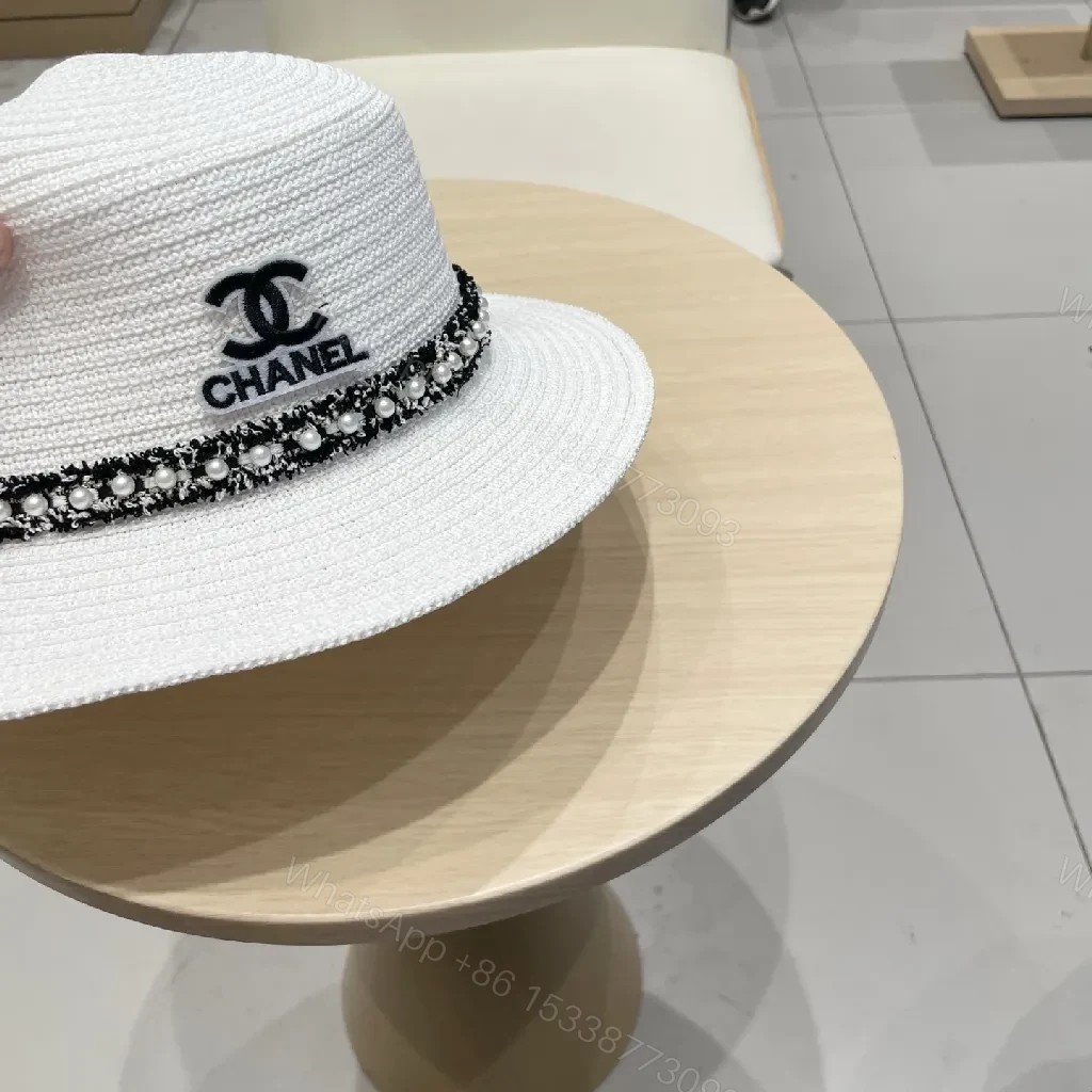 View 4 of White Straw Hat - Braided Texture, Chain Detail, Wide Brim