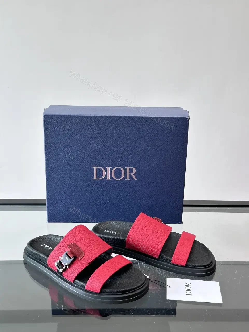 View 7 of Red Suede Leather Style Buckle Accent Dior Slides