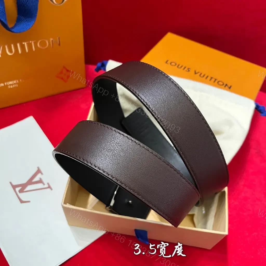 View 2 of Rich Brown Leather Belt with LV-Inspired Buckle