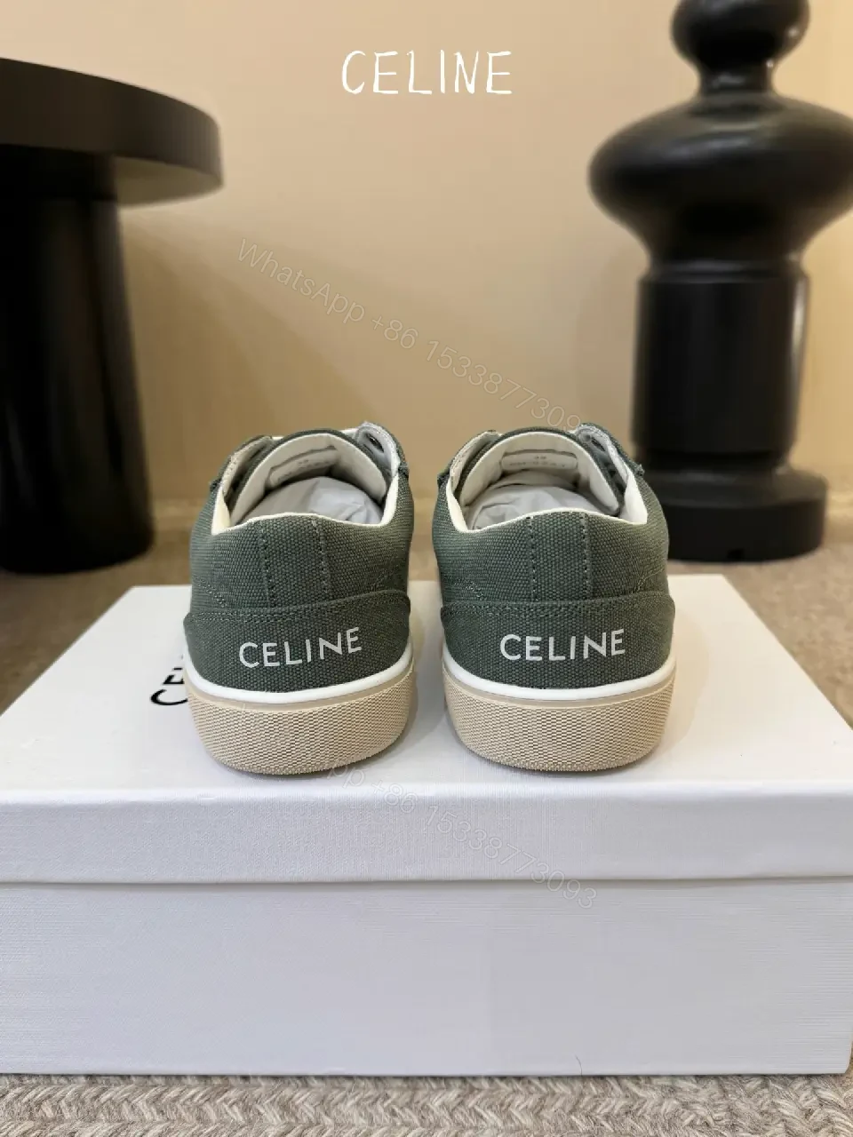 View 7 of Olive Green Canvas Sneakers White Rubber Sole Celine Style Comfort Fit Product Type: Sneakers