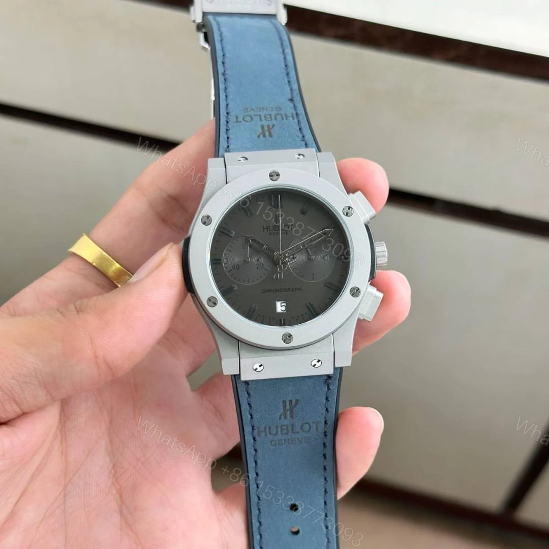 First Copy Hublot Big Bang Chronograph Automatic Watch With Grey Dial And Blue Leather Strap — view 1
