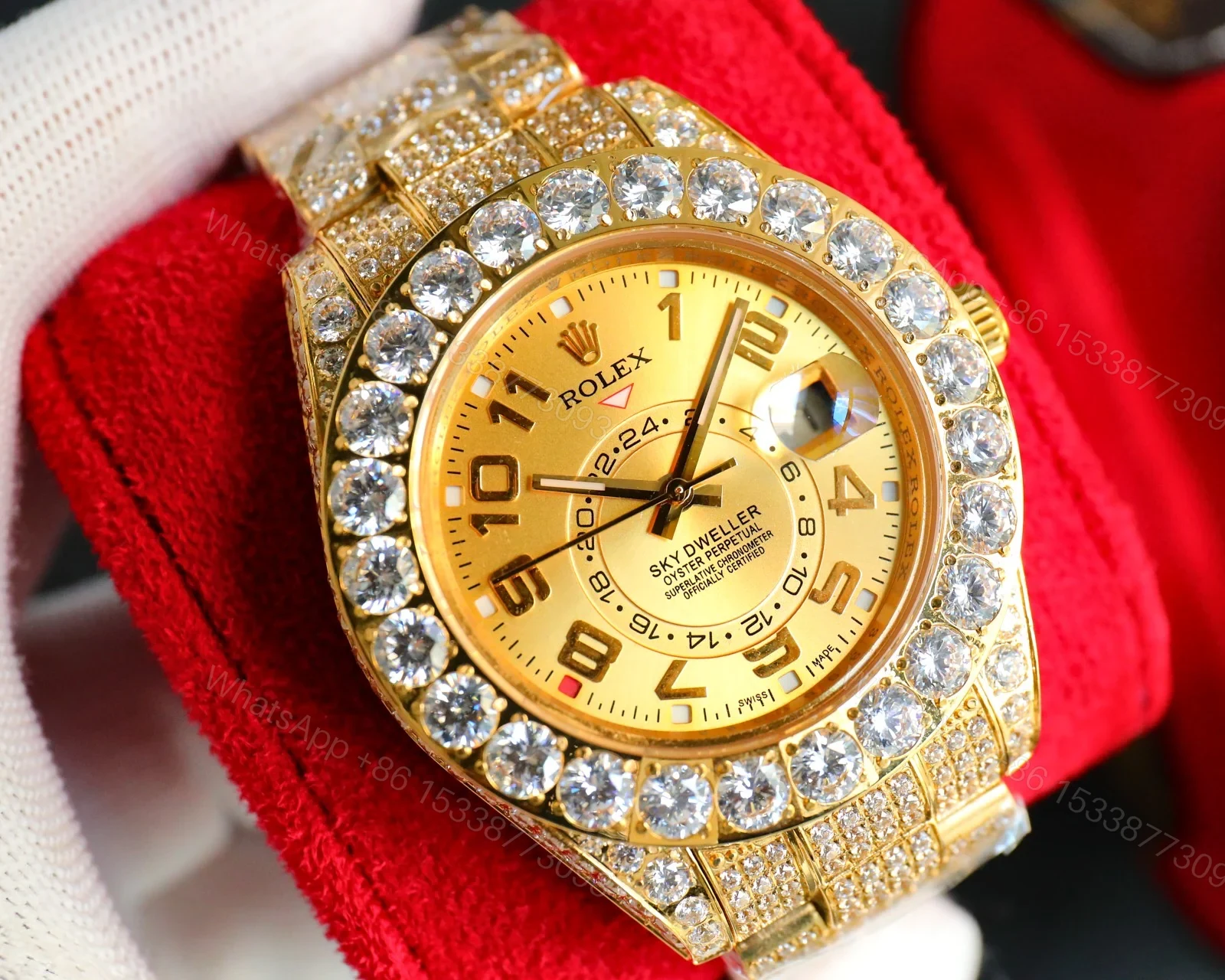 View 3 of Iced Out Sky-Dweller Gold Watch Full Diamond Bracelet Ultimate 42MM ROLEX-SKY-DWELLER-GOLD-ICED-FULL-DIA-42