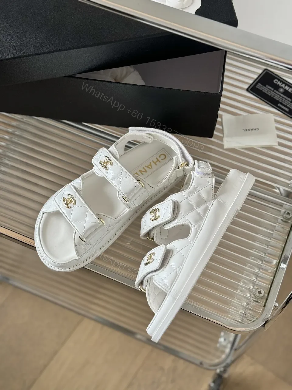 View 9 of White Leather Sandals with Gold Hardware, Quilted Strap Comfort