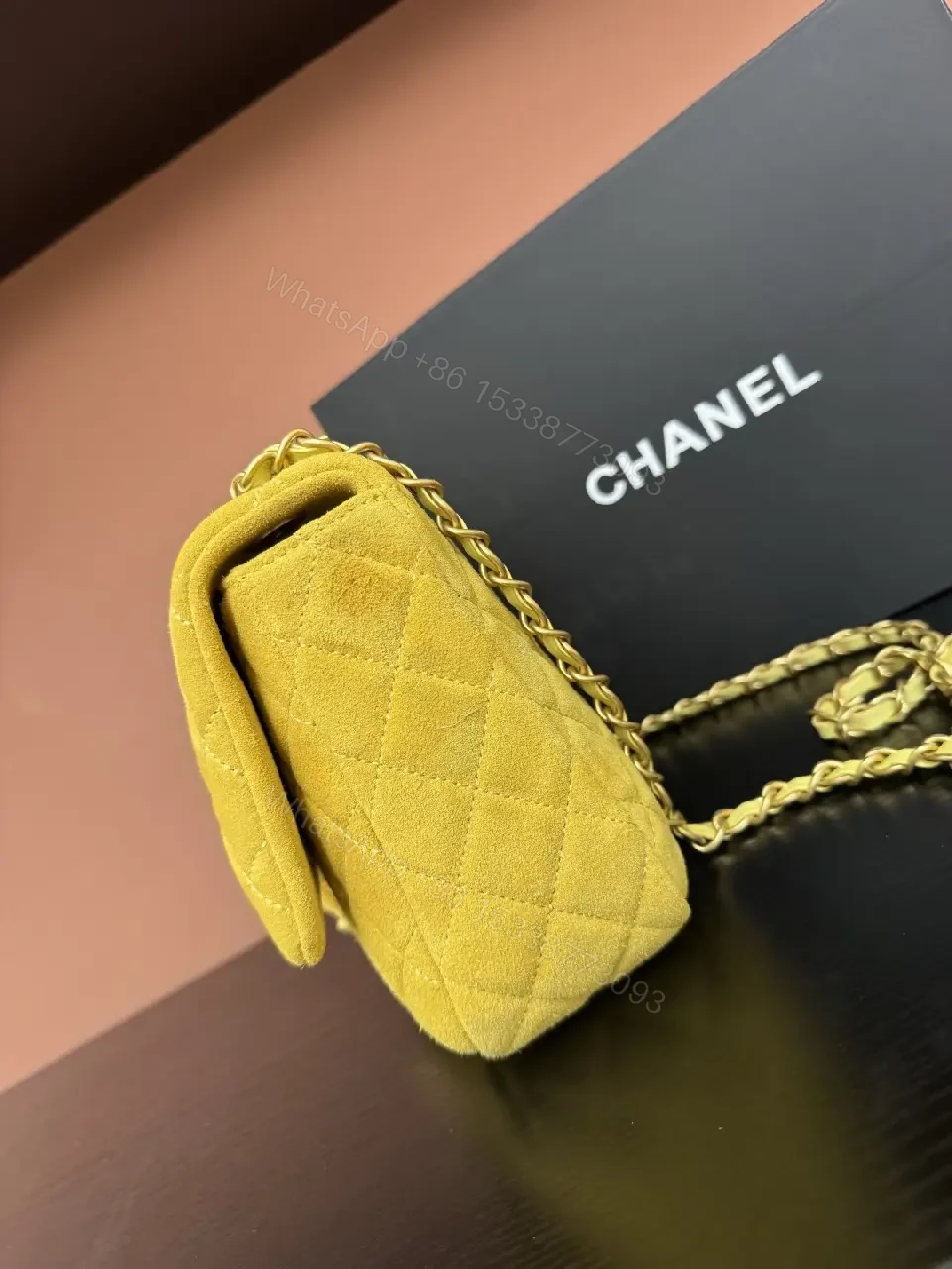 View 3 of Mustard Quilted Mini Flap Bag with Gold Chain