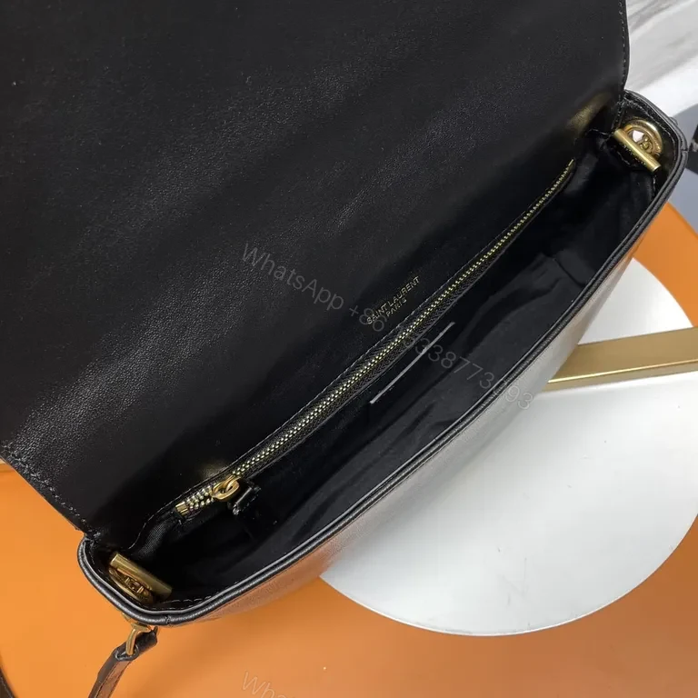 View 7 of Quilted Noir Leather Crossbody Bag with Gold YSL Accent