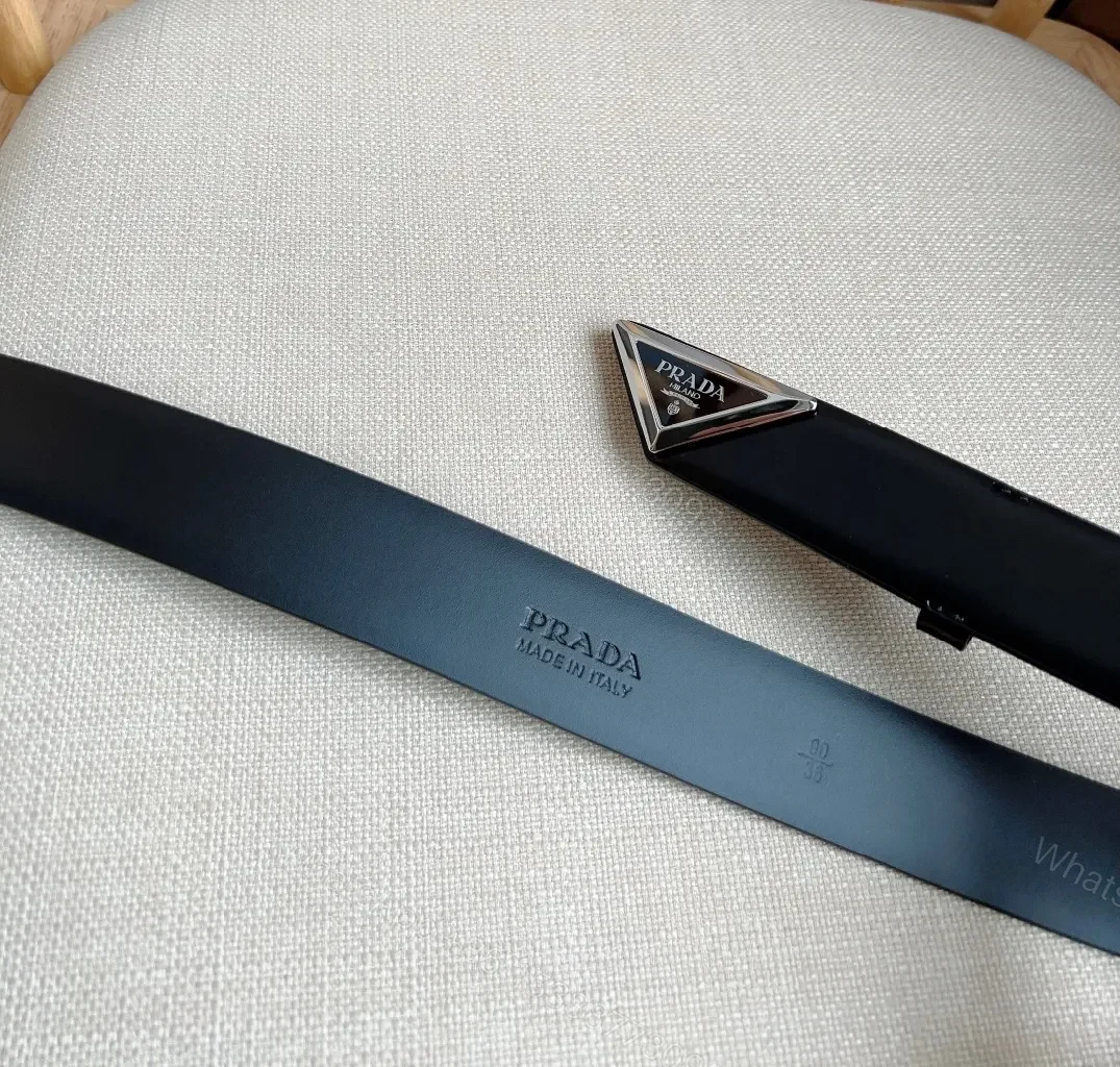 View 6 of Sleek Black Bonded Leather Belt with Prada Triangle Plaque