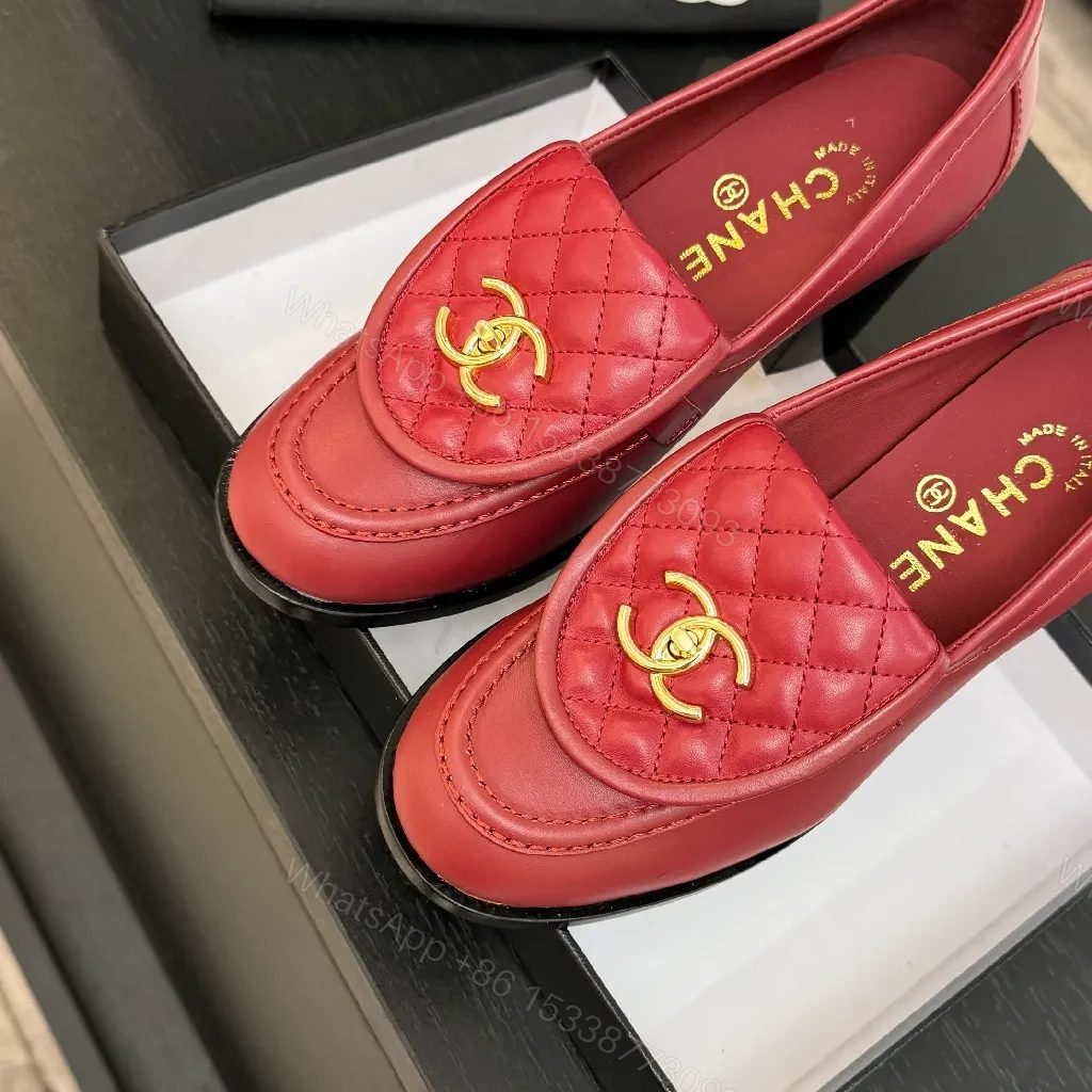 View 4 of Red Leather Quilted Loafers with Gold Crest, Luxe Everyday Elevation