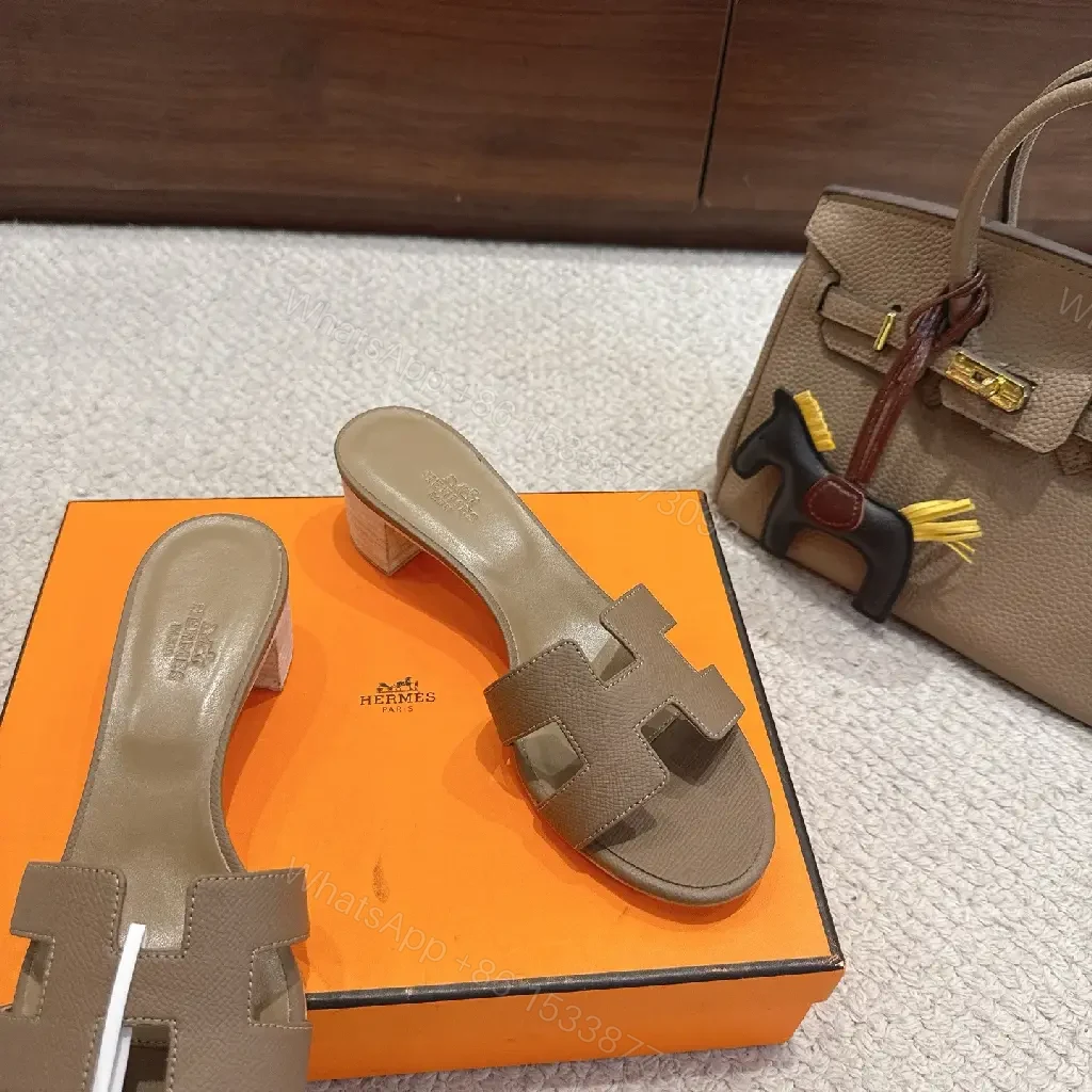 View 10 of Brown Leather Hermes-Style Heeled Sandals, Grained, Open-Toe, Signature Buckle, Sandal Type