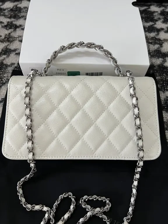View 2 of Chanel-Inspired Quilted White Flap Crossbody Bag with Silver Chain