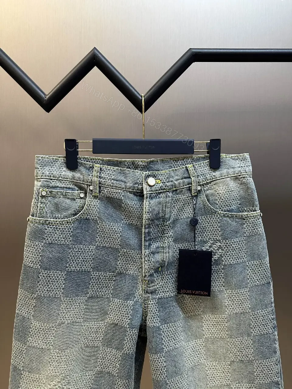 View 5 of Gray Denim Checkerboard Shorts Tailored Slim Style Louis Vuitton Tag