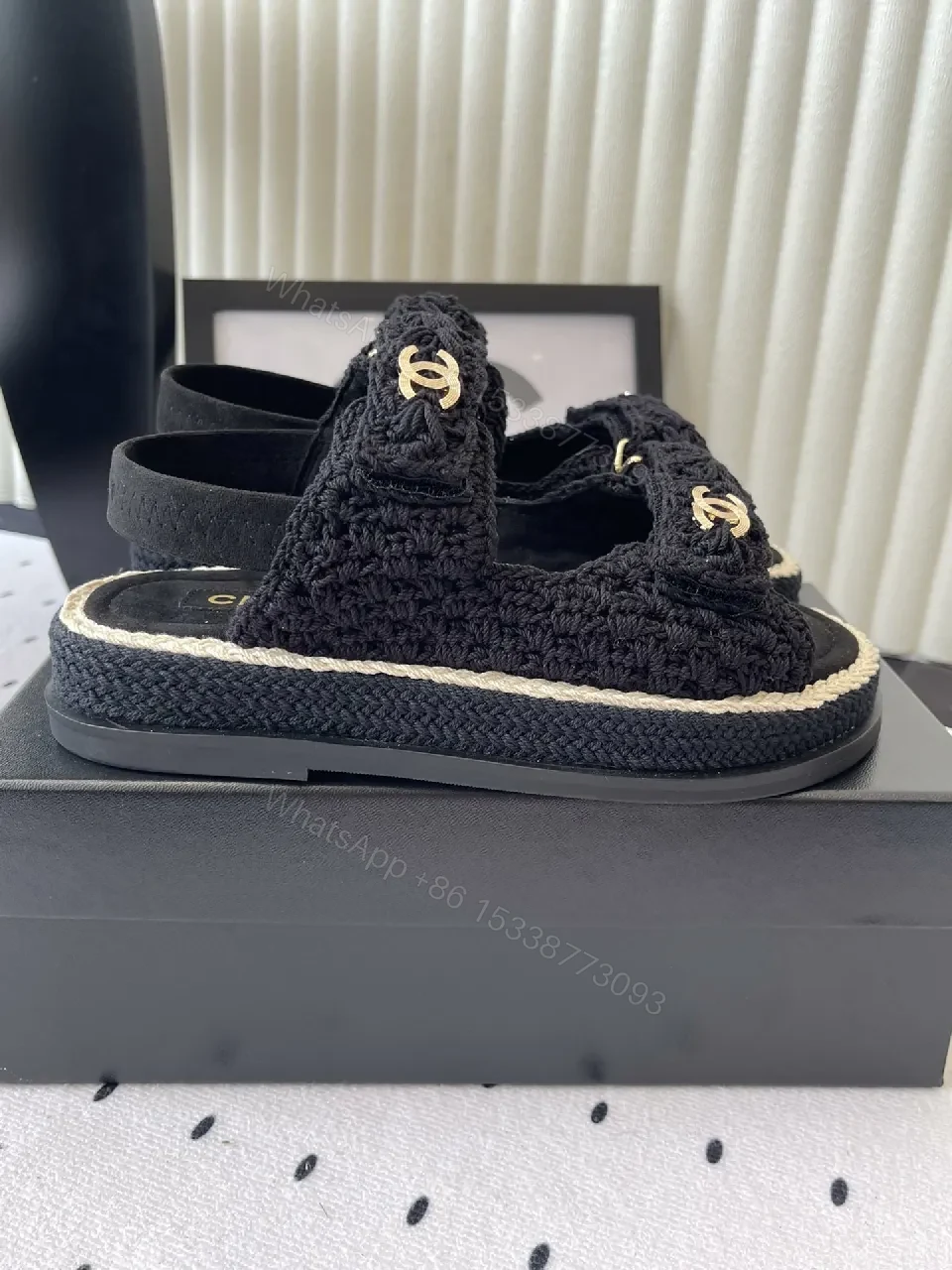 View 3 of Crochet-Texture Sandals in Black with Gold Hardware