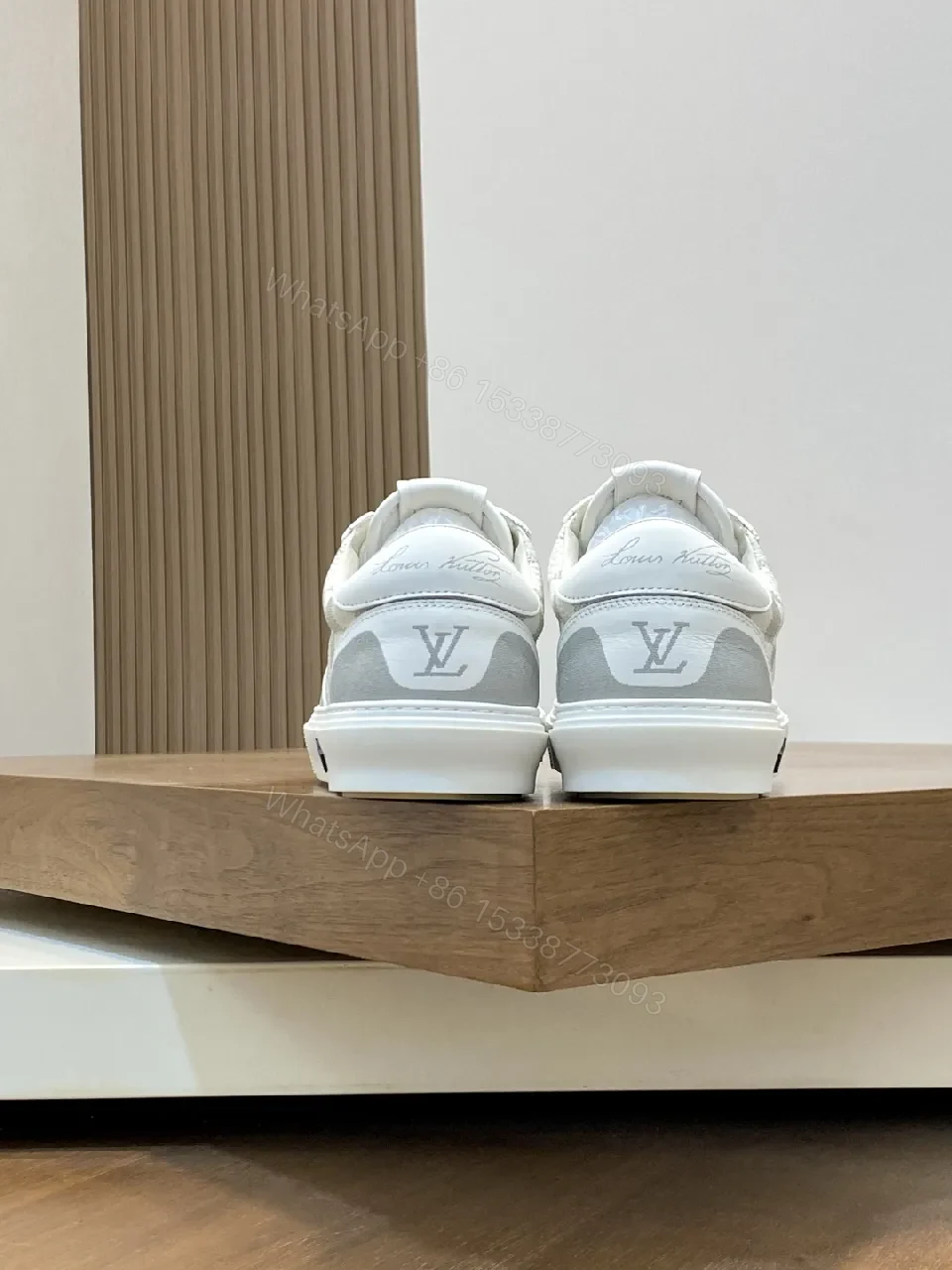 View 5 of White Checkerboard Leather High-Tops with Subtle LV-Style Accents