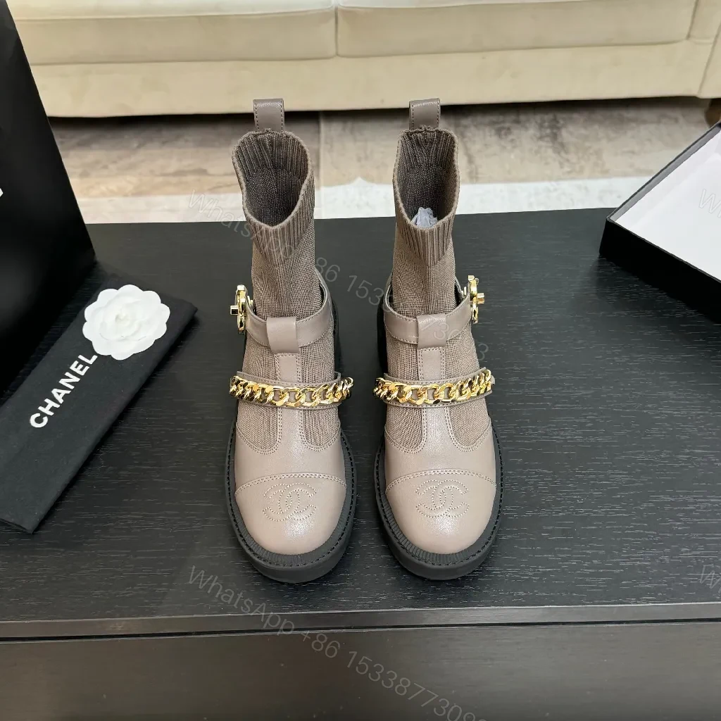 View 9 of Taupe Knit Sock-Ankle Boots with Leather Accents and Gold Chain