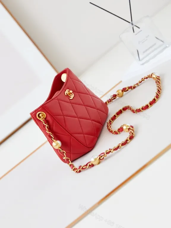 View 9 of Red Quilted Crossbody with Chain-Detail Strap - Luxe Compact Bag