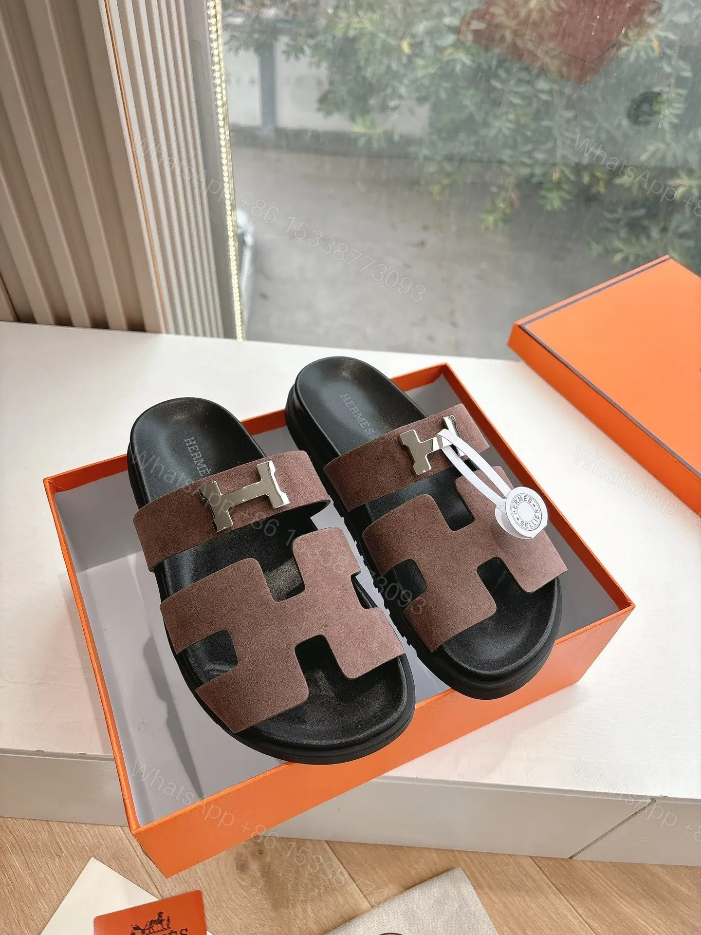 View 3 of Hermes Women Brown Suede Sandals