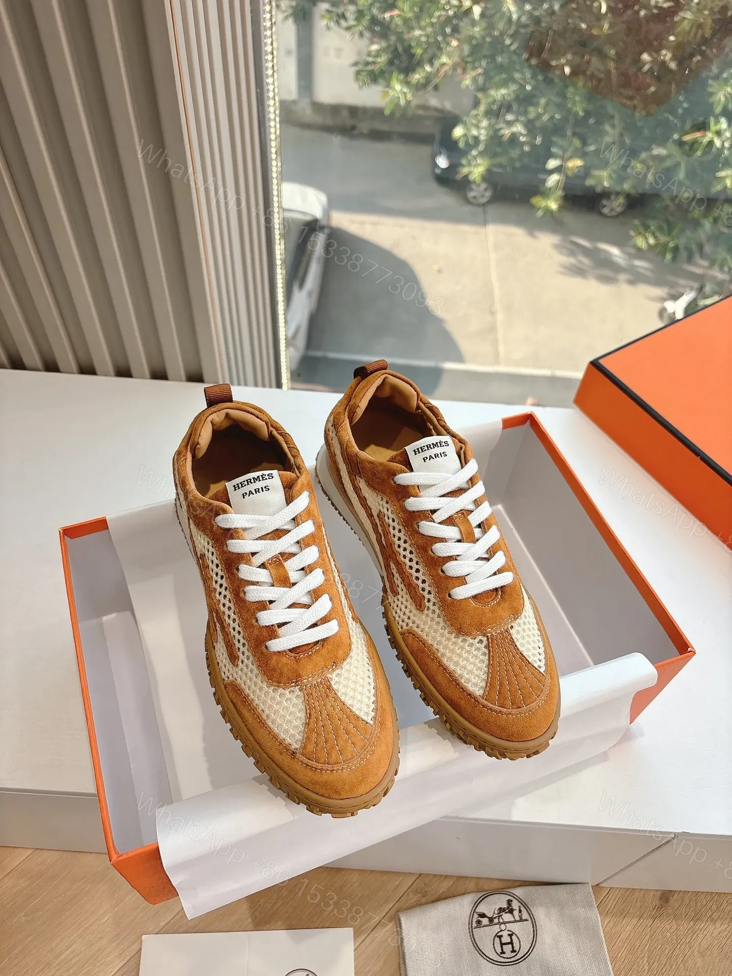 View 3 of Hermes Women Brown Mesh Suede Sneakers