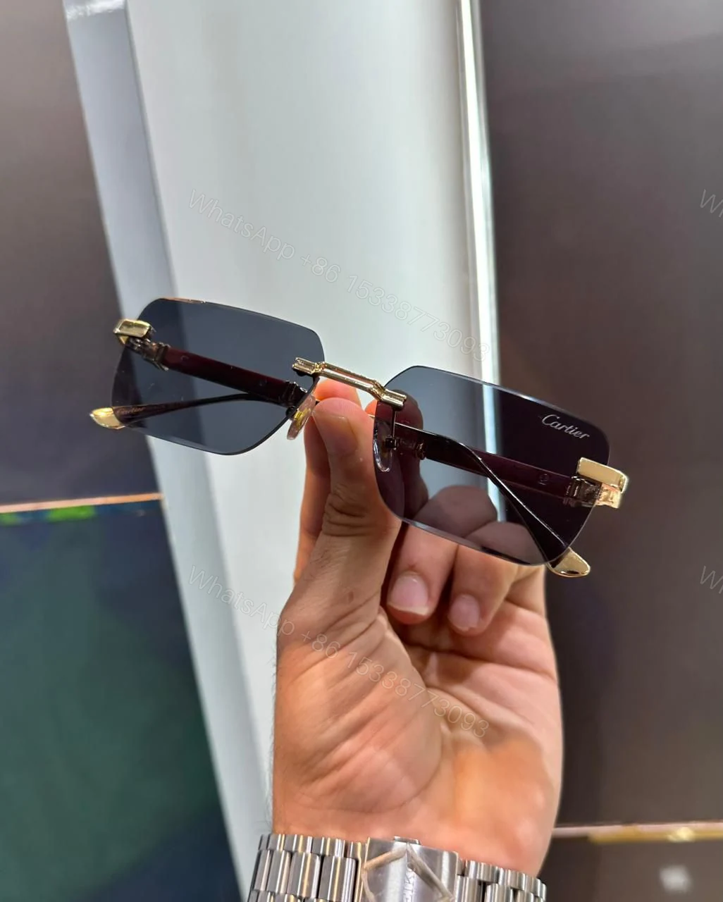 View 4 of Cartier Rimless Sunglasses Gold-Black