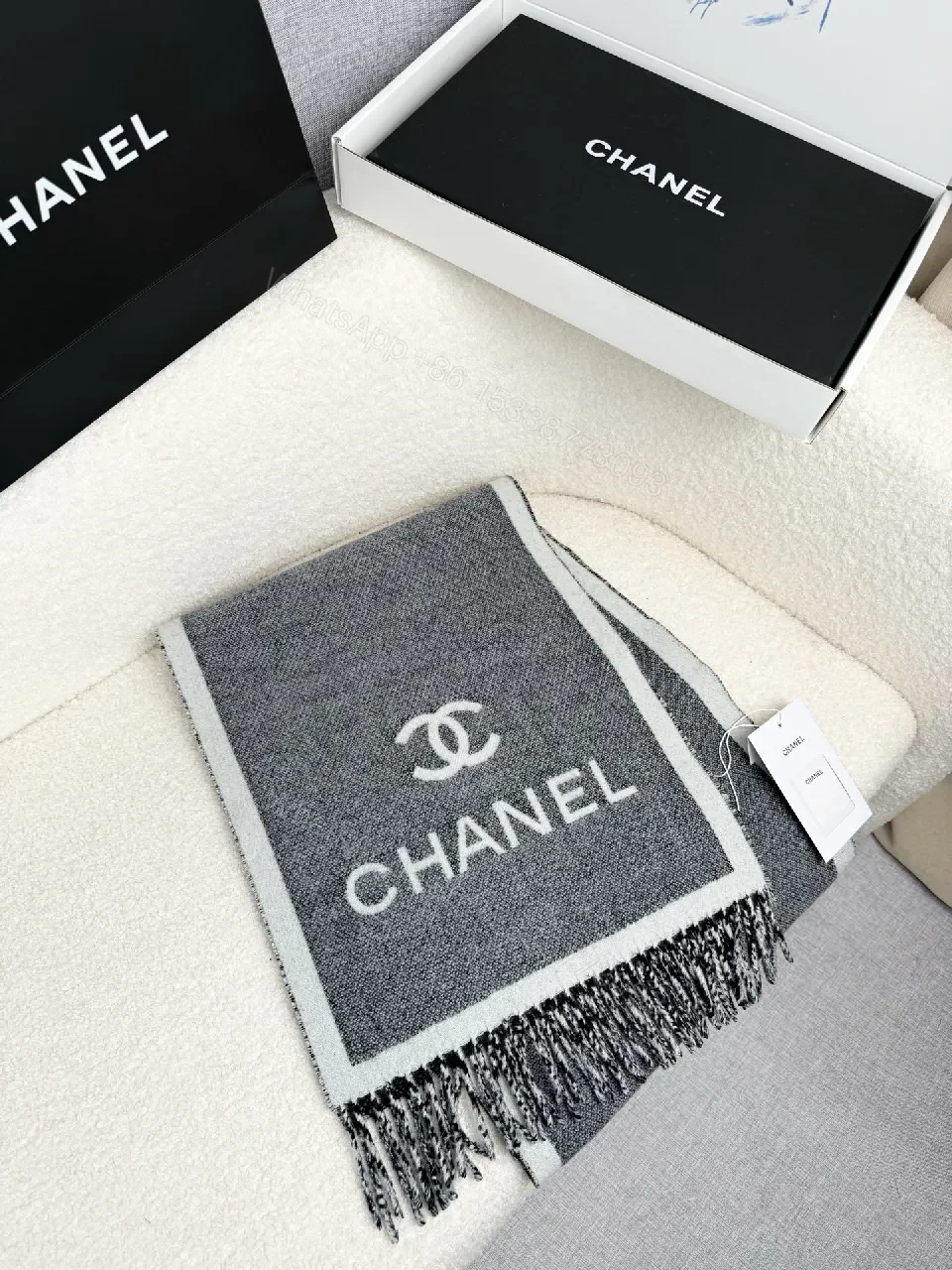 View 2 of Neutral Knit Throw: Luxe, Chanel-Inspired Comfort, Fringed Edge