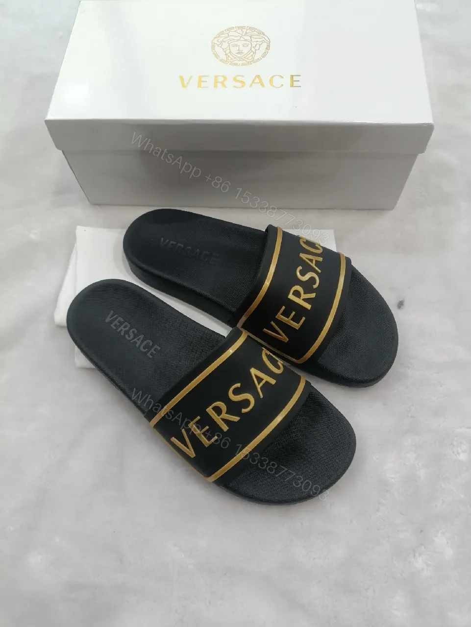 View 6 of Patterned Strap Slides with Gold Accent, Luxe Comfort Sandals