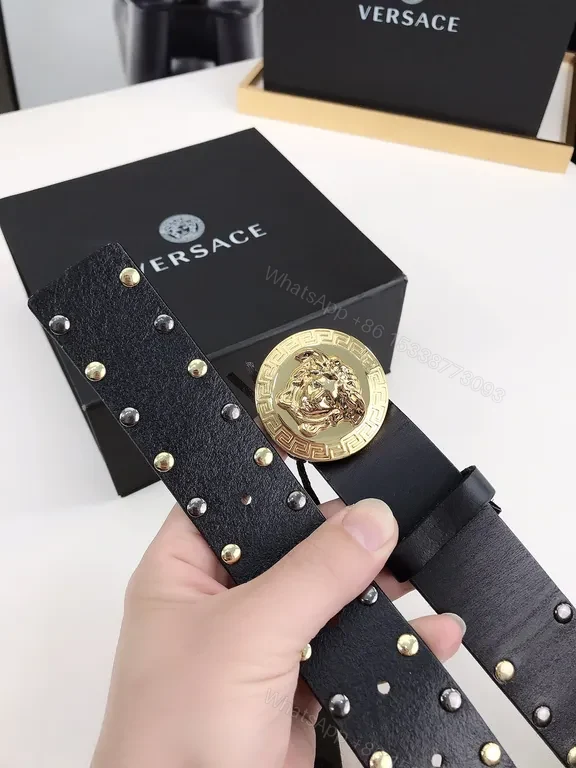 View 6 of Black Leather Belt with Gold Medusa Buckle - Versace Luxury Accessory