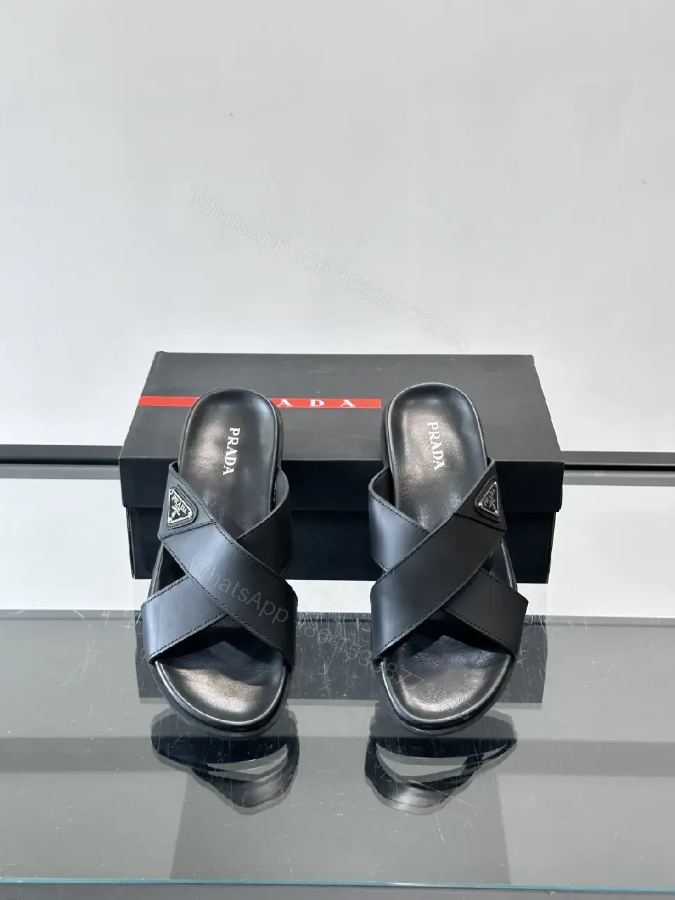 View 8 of Black Leather Slides Prada Logo Slide Sandals Comfort Fit Sandals