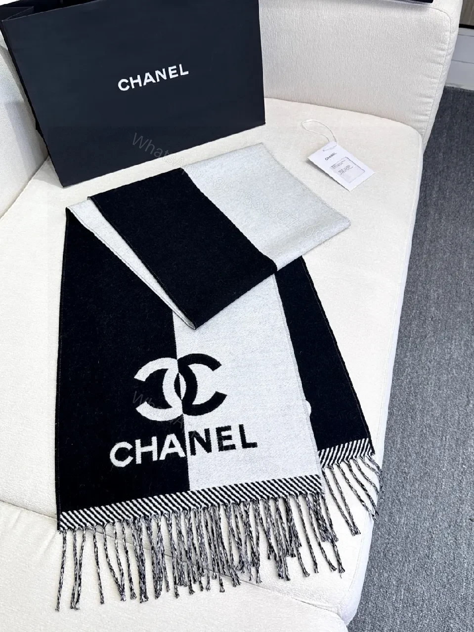 View 5 of Black-White Luxe Throw Scarf: Bold Contrast Weave, Fringe Edge