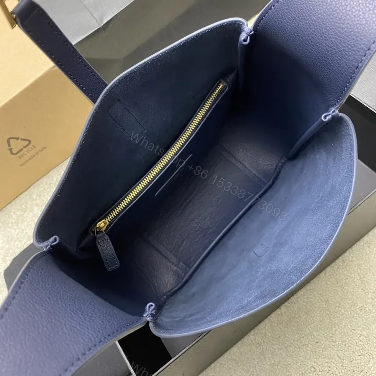 View 9 of Navy Leather Shoulder Bag: Structured Luxe with Gold-YSL Hardware