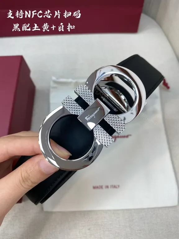 View 2 of Bold Black Calf Leather Belt with Double Gancini Buckle (Ferragamo)
