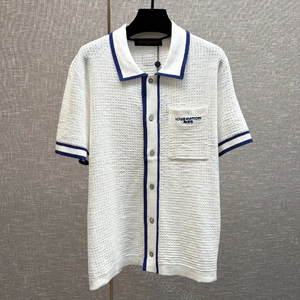 View 8 of White Knit Polo Shirt Blue Trim Louis Vuitton Style Key Pocket Polo Shirt