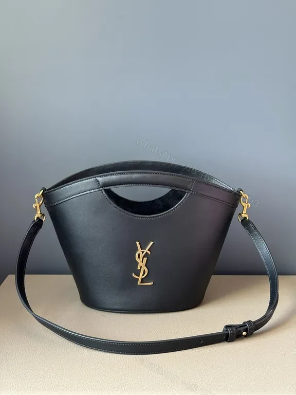 Chic Black Leather Satchel: Gold YSL Monogram Bag — view 1