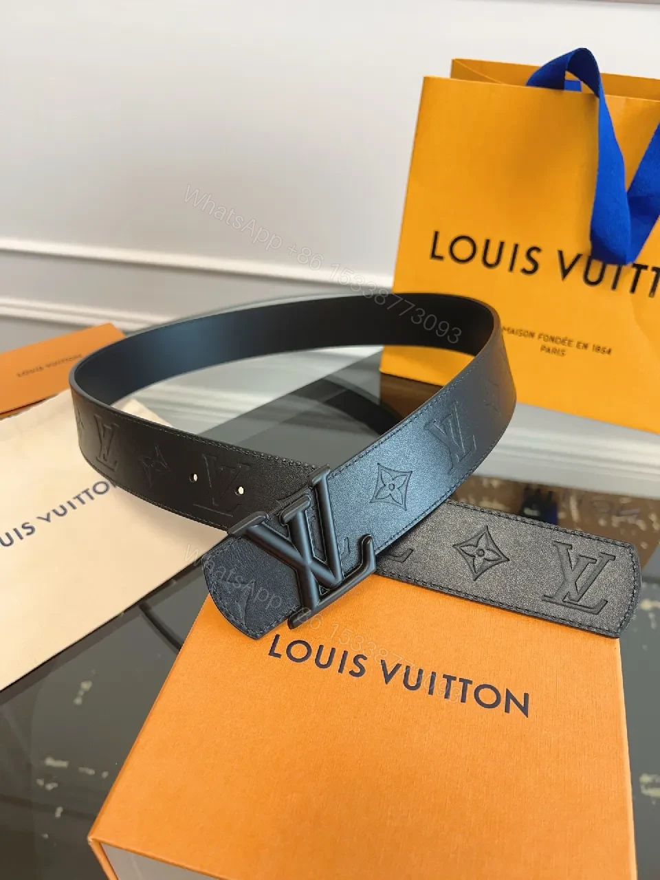 View 9 of Black Monogram Belt: Signature Buckle, Full-Grain Leather