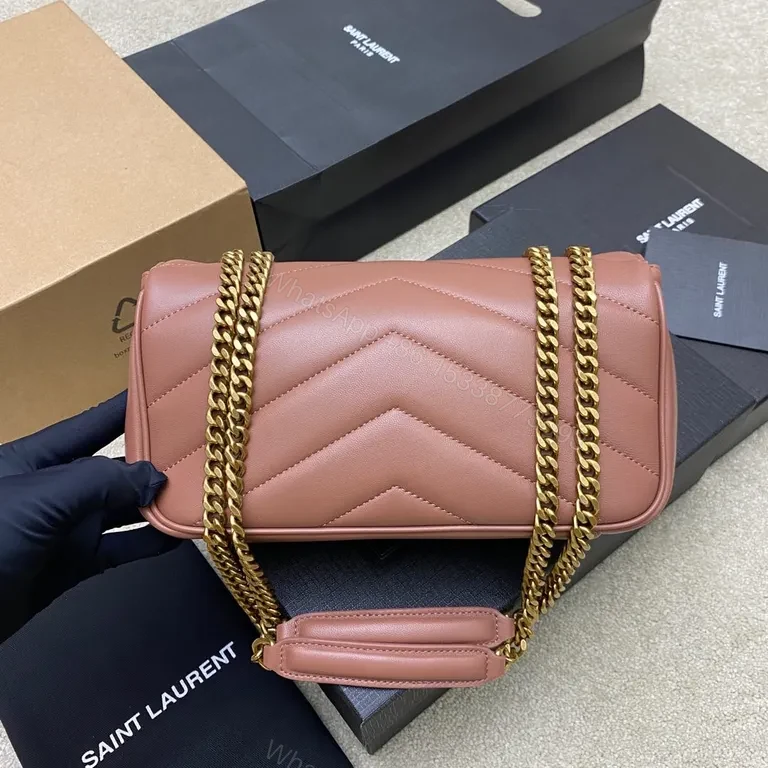 View 7 of Chic Pink Leather Flap Bag with Gold YSL Monogram, Luxury Everyday Essential