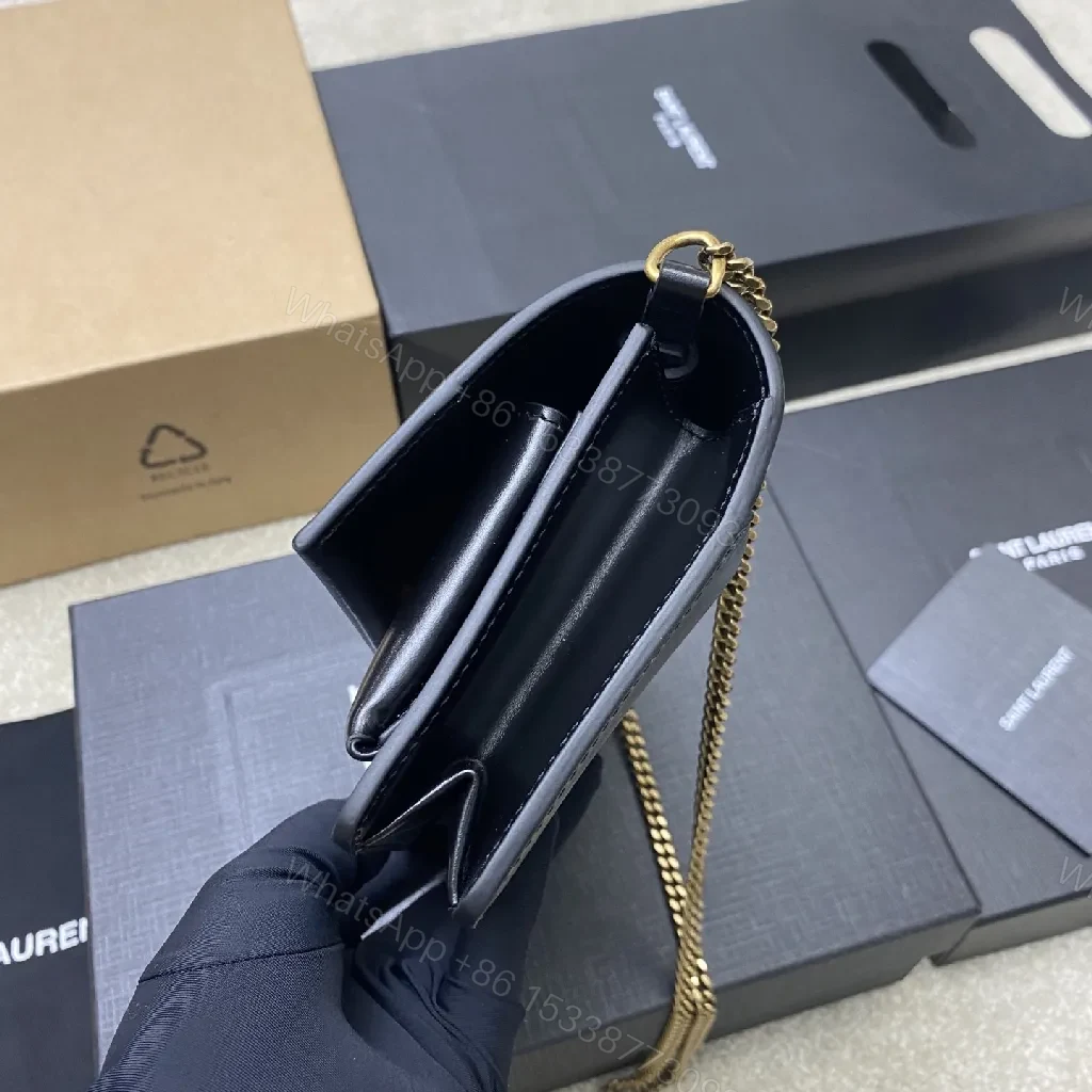 View 3 of Chic Black Leather Shoulder Clutch with Gold Logo