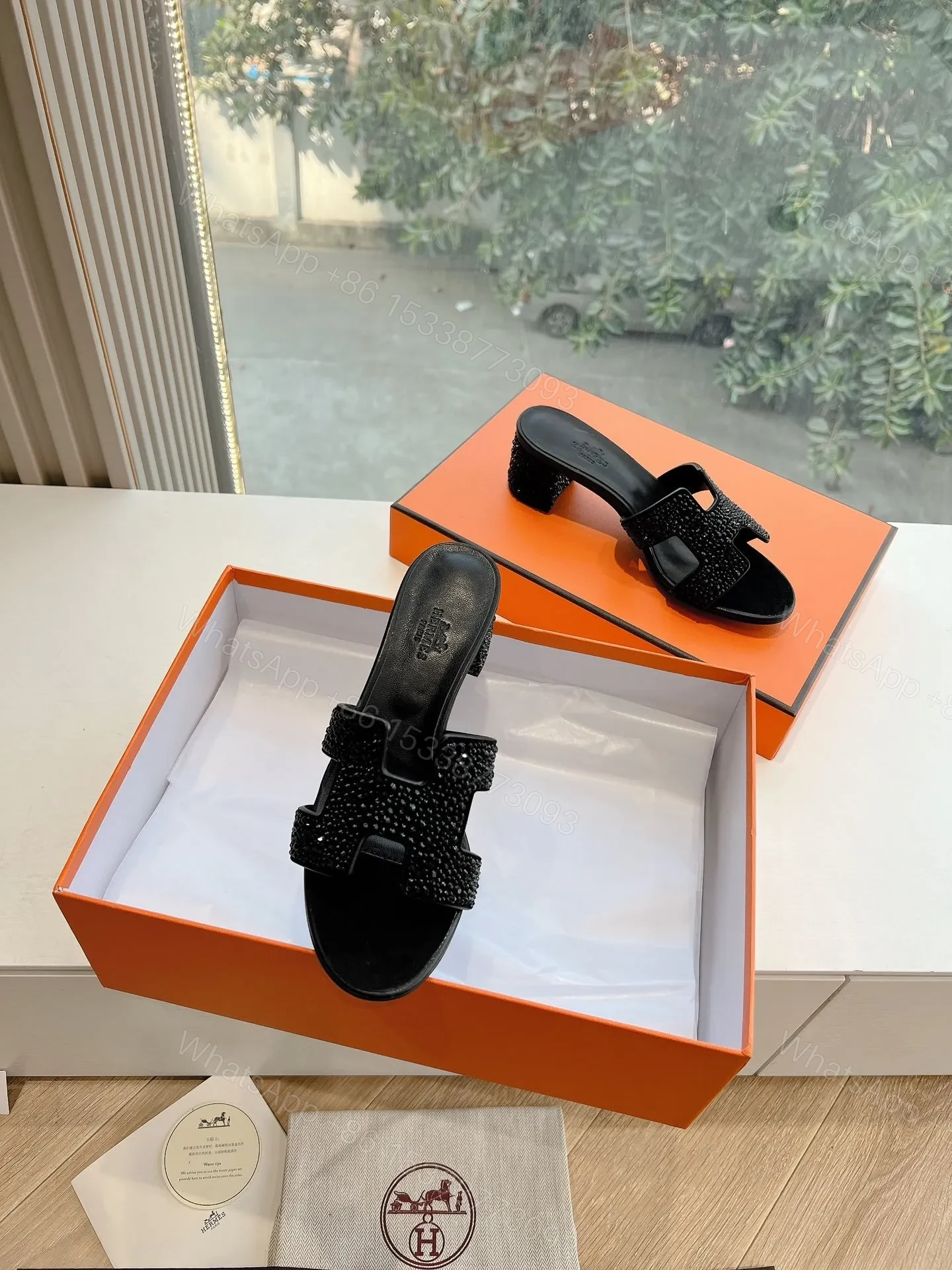 View 4 of Hermes Women Black Embellished Leather Mules