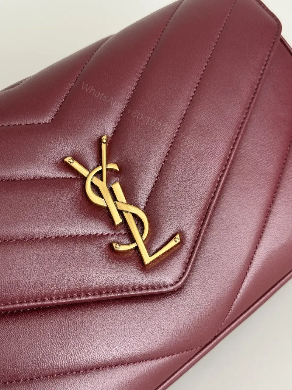 View 9 of Burgundy Quilted Leather Shoulder Bag with Gold Hardware