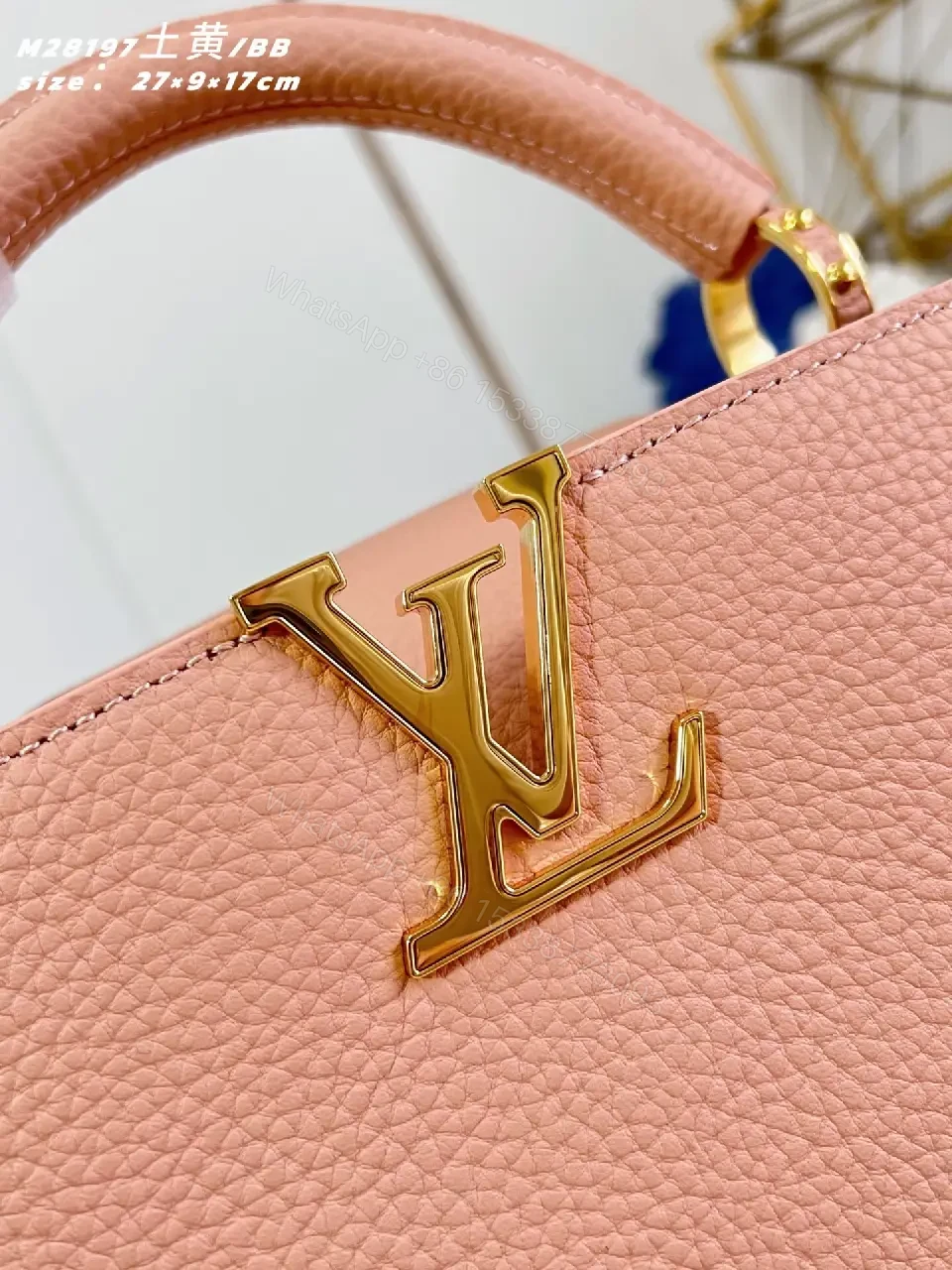 View 6 of Soft Pink Textured Handbag with Gold Hardware— Elegant Everyday Luxe